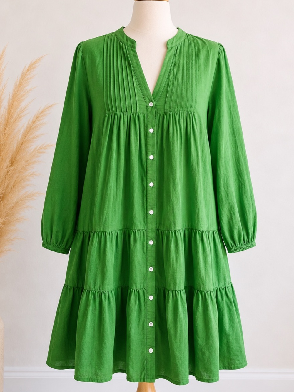 LAKE Eloise Green Tiered Button-Front Dress